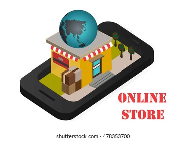 Online store - vector illustration. The building of the shop mobile phone, buy card, isometric.