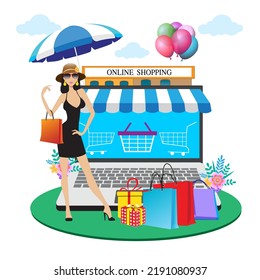 La ilustración vectorial de tienda en línea es una imagen de teléfono móvil.