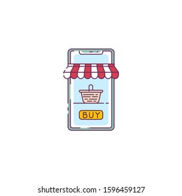 Online store vector. Line style vector. Phone with shop tent and basket with purchases. Shopping on smartphone. Buying things from smartphone online. Sale or e-commerce concept.