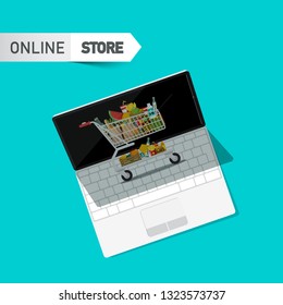 Online Store Vector Symbol with Shopping Cart and Notebook
