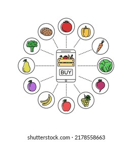 Online store with vegetables and fruits. Shopping via application on phone, vector illustration