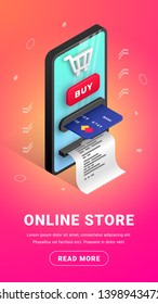 Online store vertical web banner design concept. Online payment Isometric template with smartphone integrated ATM, text and button. Internet shopping vector illustration