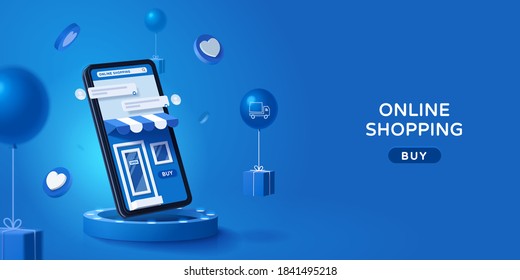 Online store via mobile phone set on podium with floating gift boxes aside, 3D web banner of online shopping