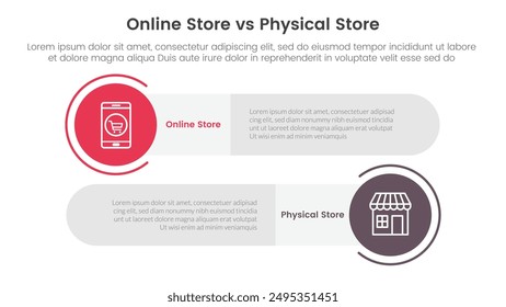 online store vs brick mortar or physical store comparison concept for infographic template banner with big circle and long rectangle round shape with two point list information vector