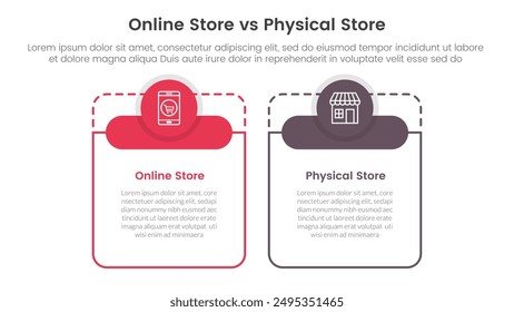 online store vs brick mortar or physical store comparison concept for infographic template banner with big table shape round circle header with two point list information vector