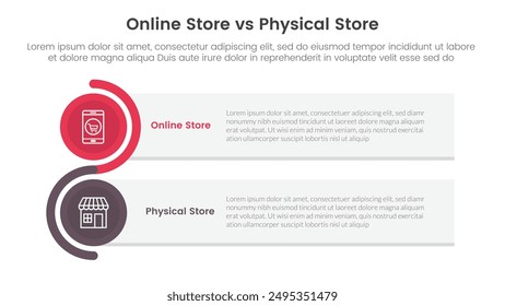 online store vs brick mortar or physical store comparison concept for infographic template banner with rectangle box stack and circle wave with two point list information vector