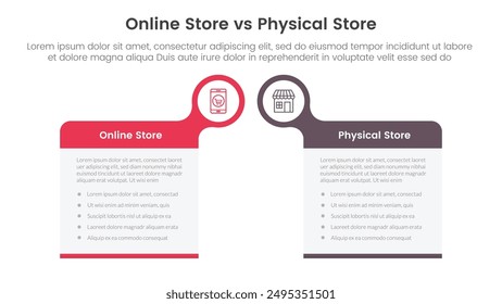 online store vs brick mortar or physical store comparison concept for infographic template banner with big box table with bubble circle header badge with two point list information vector
