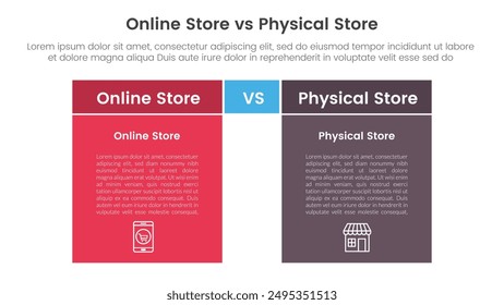 online store vs brick mortar or physical store comparison concept for infographic template banner with box table with fullcolor background block with two point list information vector