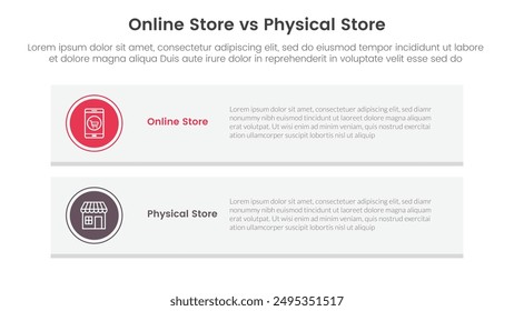 online store vs brick mortar or physical store comparison concept for infographic template banner with long rectangle box vertical with two point list information vector