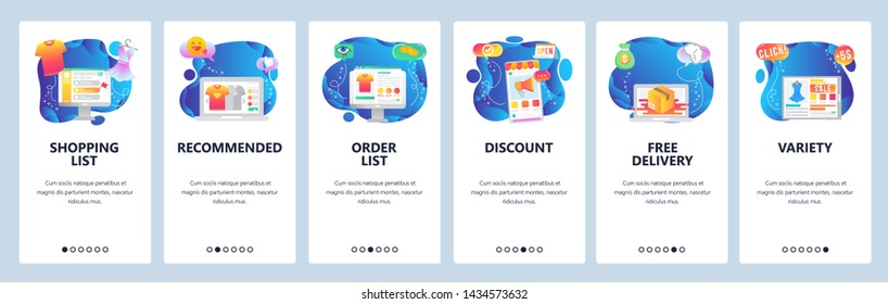 Online store web site and mobile app onboarding screens. Menu banner vector template for internet shop, e-commerce website and application development.