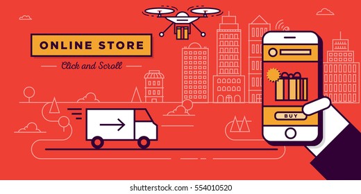 Online Store Website Banner in Flat Linear Vector Style