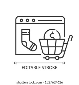 Online store website linear icon. Marketplace online shopping. Internet trading business. E commerce seller. Thin line illustration. Contour symbol. Vector isolated outline drawing. Editable stroke