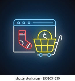 Online store website neon light icon. Internet trading business. E commerce seller. Computer payment. Digital purchase. Glowing sign with alphabet, numbers and symbols. Vector isolated illustration