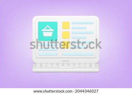 Online store website on laptop screen 3d icon. Product with description and customer reviews. Digital retail marketplace in marketing web application. Realistic isolated vector