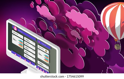 Sitio web de una tienda en línea en una pantalla de computadora de oficina y nubes moradas con un globo. Bandera de vectores