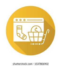 Online store website yellow flat design long shadow glyph icon. Internet trading business. Buying goods over site. E commerce seller. Computer payment. Digital purchase. Vector silhouette illustration
