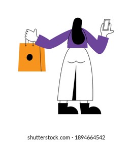 Online store and woman cartoon holding smartphone and bag design of shopping ecommerce market retail and buy theme Vector illustration