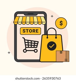 Online Storefront App with Shopping Cart, Package, and Price Tag Icon – E-commerce UI Concept