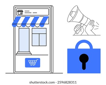 Online storefront with awning, shopping cart icon, megaphone for marketing, and a padlock symbolizing security. Ideal for e-commerce, online shopping, digital marketing, online security, small