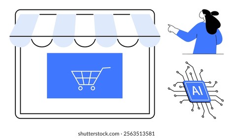 Online storefront in blue and gray, AI microchip, and a woman pointing. Ideal for e-commerce, artificial intelligence, customer engagement, online retail, technology integration. Minimalist, modern