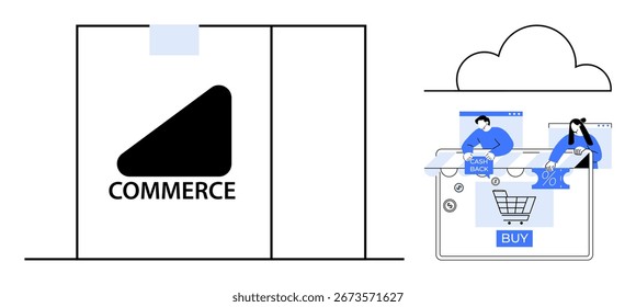 Tienda en línea con el logotipo de Commerce y dos personajes que interactúan con iconos de compras en sus dispositivos. Ideal para marketing digital, compras en línea, comercio electrónico, transacciones digitales, Cliente