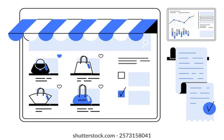 Online storefront displaying handbags and product details. Includes analytics chart and receipts. Ideal for e-commerce, online retail, business analytics, digital marketing, customer transactions