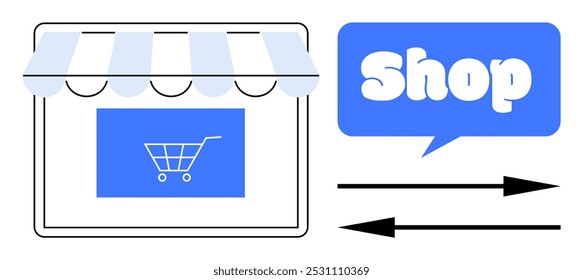 Online storefront with a shopping cart symbol and a speech bubble with the word Shop. Ideal for online shopping, e-commerce, digital marketing, retail business, and commercial advertising. Simple