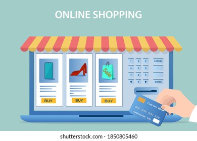 Online store.People use a credit card to make purchases in an online store.The concept of online trading.Flat vector illustration.
