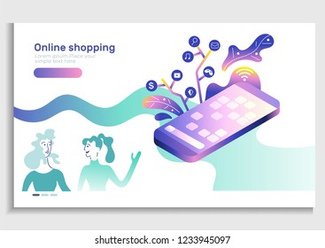 Online stores  app isometric concept.Smart phone concept.Shopping banner, mobile app templates,vector illustration flat design.Landing page.Young Woman character.gifts, shopping items,credit