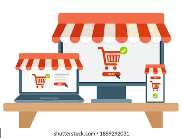 Online stores e-commerce illustrations with PC , tablet and smartphone.Vector illustration of internet shopping with digital devices.