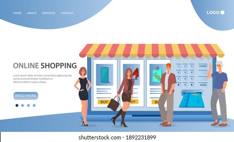 Online stores and electronic payment via the terminal.People make purchases in an online store.The concept of online trading and electronic payments.Flat vector illustration.