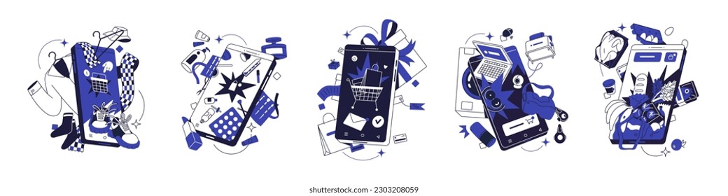 Online stores, internet shops in mobile phones, smartphones set. Ecommerce, virtual electronic trade and delivery, digital marketplace concept. Flat vector illustrations isolated on white background