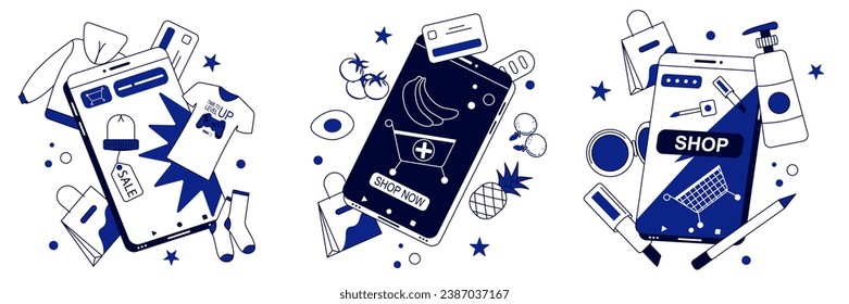 Online stores, internet shops in mobile phones, smartphones collections. Ecommerce, virtual electronic trade and delivery, digital marketplace concept.Vector illustration on a white background.