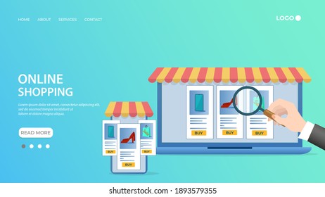 Online stores and sales.A human hand using a laptop to shop in an online store.The concept of adaptability of the device.Flat vector illustration.The template of the landing page.
