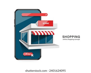 Online stores, search bars, order buttons appear on the front of the smartphone screen for delivery and online shopping design, vector 3d isolated for e commerce advertising design