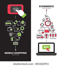 Online stores secure payment mobile internet service 2 vertical back white banners set abstract line vector isolated illustration