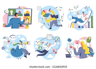 Online strategy of digital marketing, network analytics set vector illustration. Cartoon woman and man advertising campaign in social media, working with content in social media isolated on white