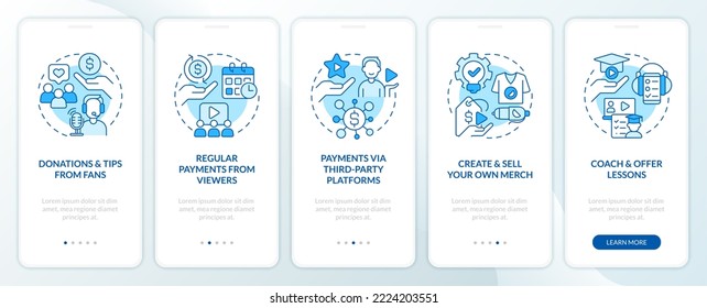 Online streamer earnings ways blue onboarding mobile app screen. Walkthrough 5 steps editable graphic instructions with linear concepts. UI, UX, GUI template. Myriad Pro-Bold, Regular fonts used