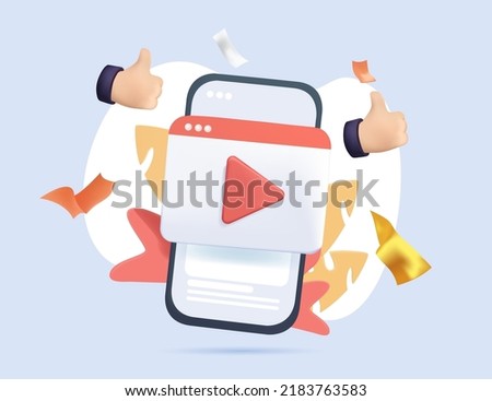 Online streamin platform. Social media promotion. 3d mobile phone, video player app. Blogger business making money, online entertaiment 3D render. Phone mockup. Multimedia frame, player broadcasting.