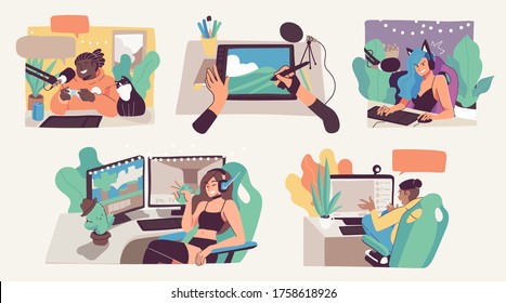 Online streaming concept illustrations. Bloggers, pro gamers, artists and influencers live streaming. Flat vector illustration