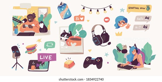 Online streaming concept illustrations. Bloggers, pro gamers, artists and influencers live streaming. Flat vector illustration