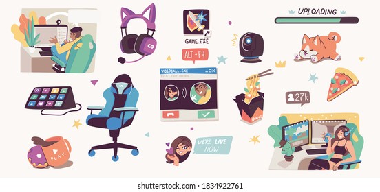 Online streaming concept illustrations. Bloggers, pro gamers, artists and influencers live streaming. Flat vector illustration