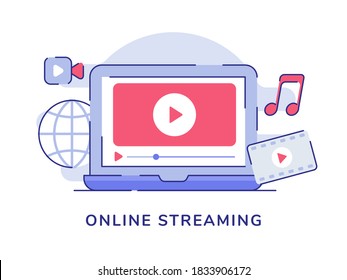 Online streaming concept video playing film music on display laptop screen white isolated background with flat outline style