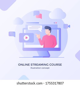 Curso de streaming en línea aplicación de formación de vídeo reproductor multimedia diseño de vectores estilo de caricatura plana moderno