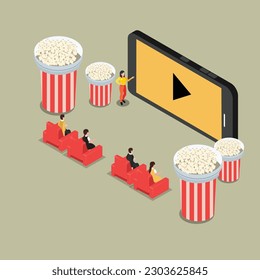 Online streaming home cinema isometric 3d vector illustration concept for banner, website, illustration, landing page, flyer, etc