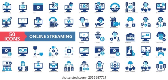 Online streaming icon collection set. Containing internet, video, multimedia, content, broadcast, bandwidth, hosting icon. Simple flat vector illustration.