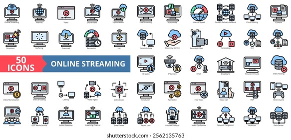 Online streaming icon collection set. Containing internet, video, multimedia, content, broadcast, bandwidth, hosting icon. Simple flat vector illustration