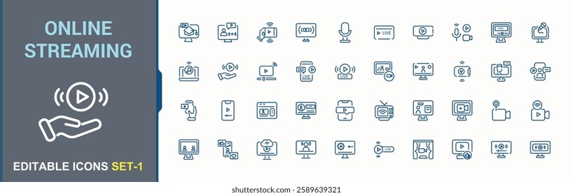 Online streaming icons set. Contains linear outline icons like phone, live, on, multimedia, music and more. Expanded stroke. Vector illustration in modern line style. Minimalistic icon.