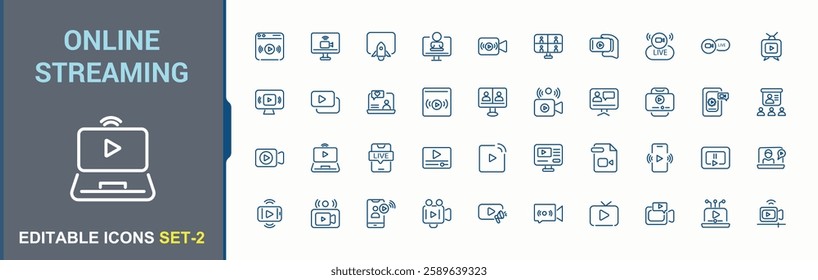 Online streaming icons set. Contains linear outline icons like phone, live, on, multimedia, music and more. Expanded stroke. Vector illustration in modern line style. Minimalistic icon.