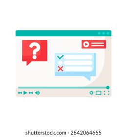 Online streaming question poll video player interface flat icon. Video player window showing red speech bubble question mark mark survey option check mark cross icon design web media interface isolate